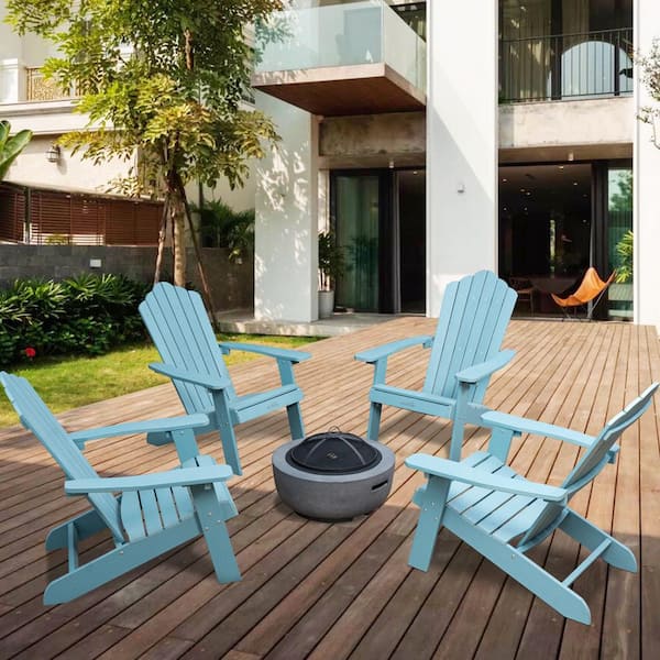 HOOOWOOO Lanier 5-Piece Lake Blue Recycled Plastic Patio Conversation Adirondack Chair Set with a Grey Wood-Burning Firepit