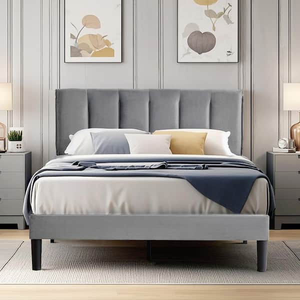 Upholstered Bedframe, Gray Metal Frame Queen Platform Bed with Adjustable Headboard, Wood Slat, No Box Spring Needed