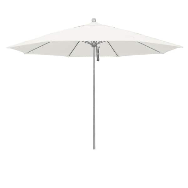 11 ft. Grey Woodgrain Aluminum Market Patio Umbrella with Fiberglass Ribs Pulley Lift in Natural Sunbrella