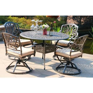 Dark Gold 5-Piece Cast Aluminum Round 48 in. D Outdoor Dining Set with Swivel Chair with Brown Cushion