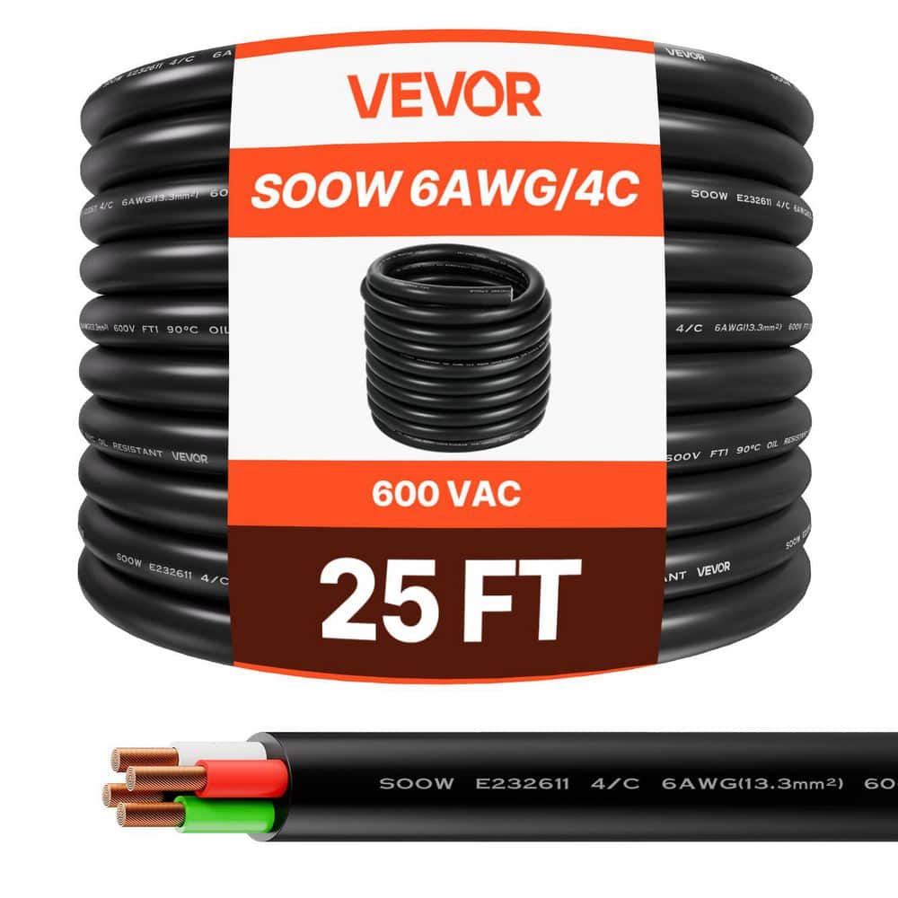 VEVOR 25 ft. 6AWG Portable Power Cable (4-Conductor), Heavy Duty 600 ...