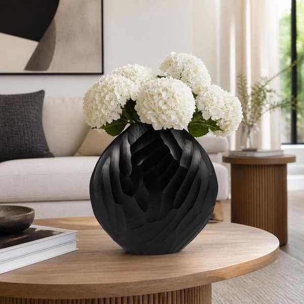 Liv & Skye 14 in. Matte Black Metal Sphere Hammered Decorative Vase 15230-06