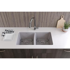 Quartz Classic Greystone Quartz 33 in. Equal Double Bowl Undermount Kitchen Sink with Bottom Grid and Drain