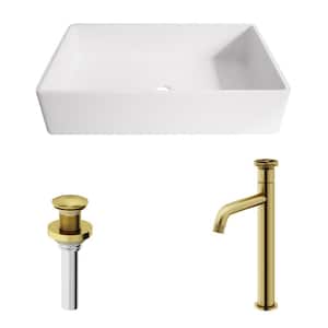 Matte Stone Magnolia Composite Rectangular Vessel Bathroom Sink in White with Cass Faucet and Pop-Up Drain in Matte Gold