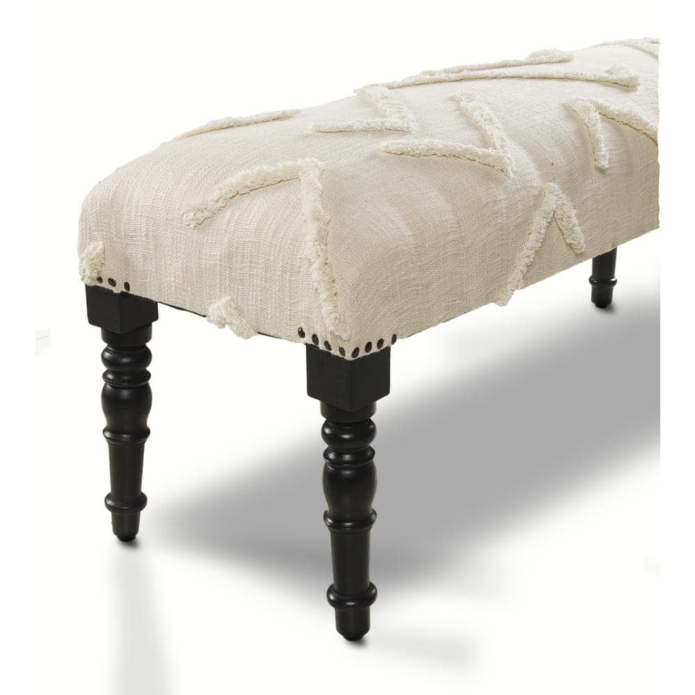 Elegant Cream Tufted Cotton Bench with Wooden Legs, 47"
