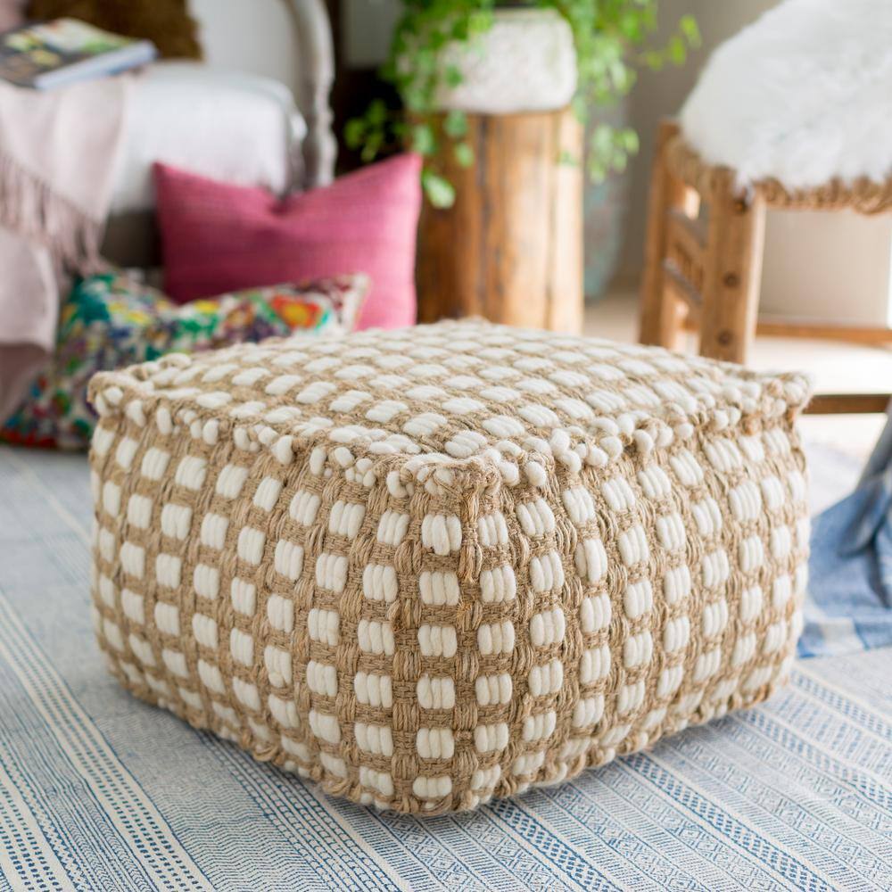 Natural Fiber White and Beige Woven Pouf
