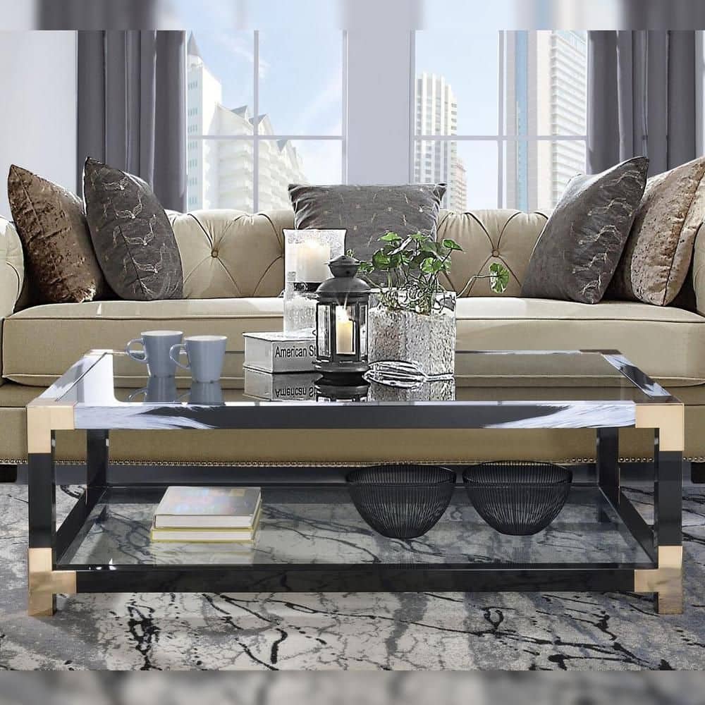 Black and Gold Rectangular Glass Coffee Table with Storage Shelf