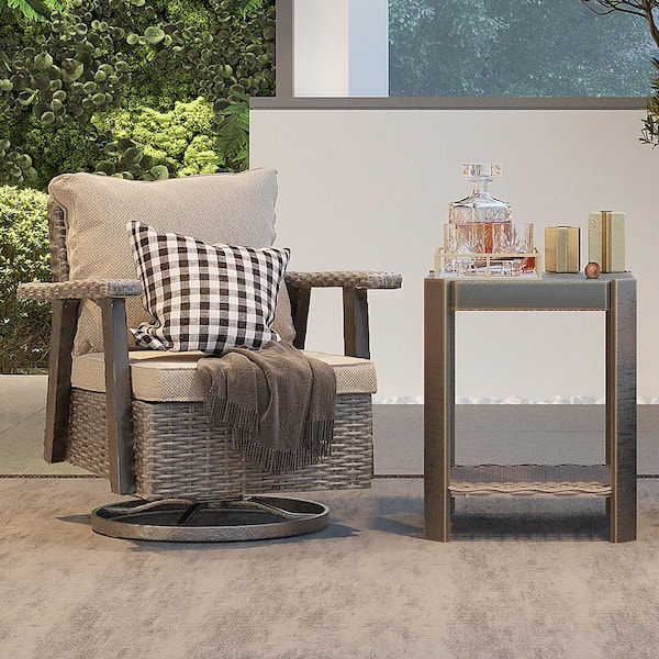 JOYSIDE Wicker Patio Outdoor Rocking Chair Swivel Lounge Chair with Beige Cushion and Side Table