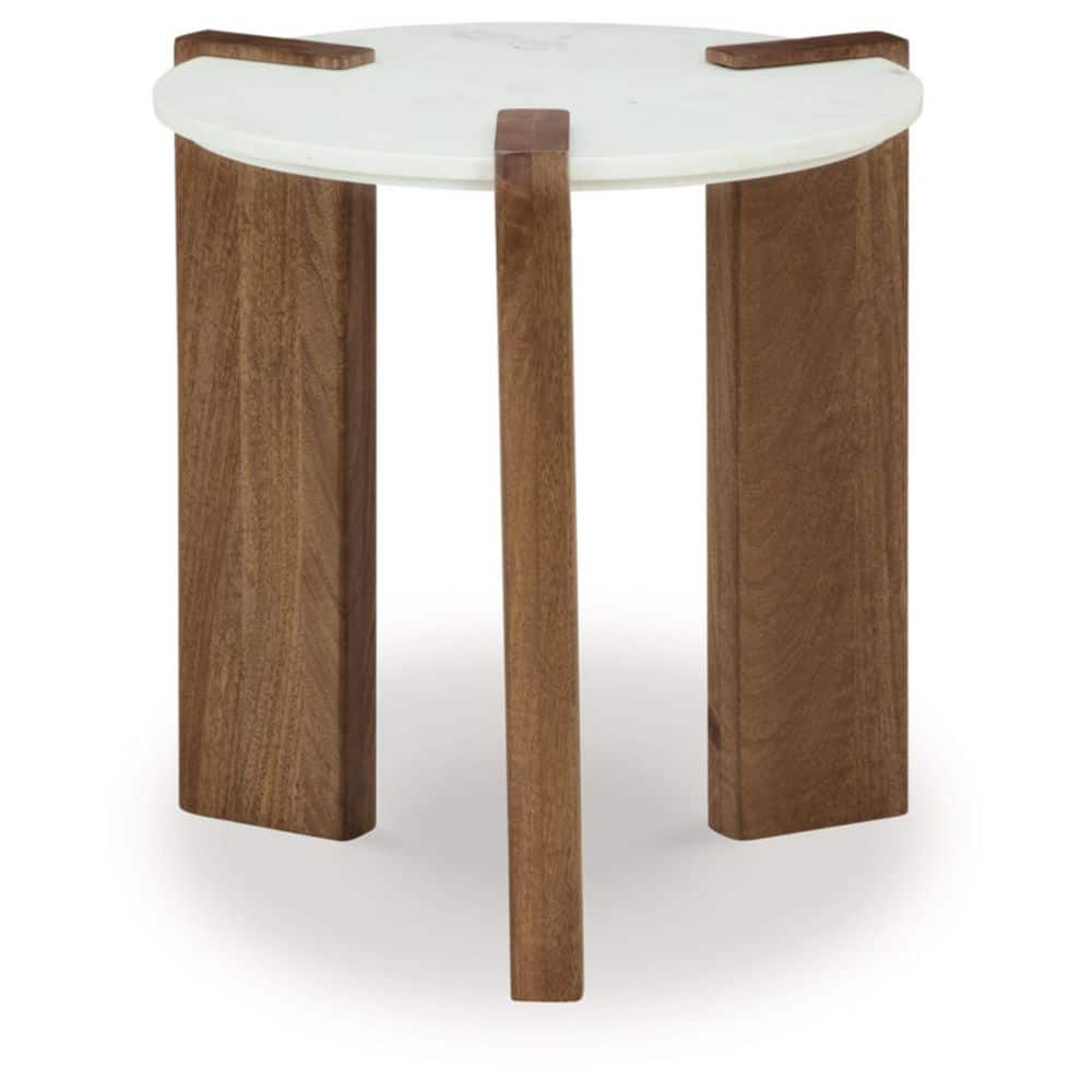 Round White Marble and Brown Wood End Table