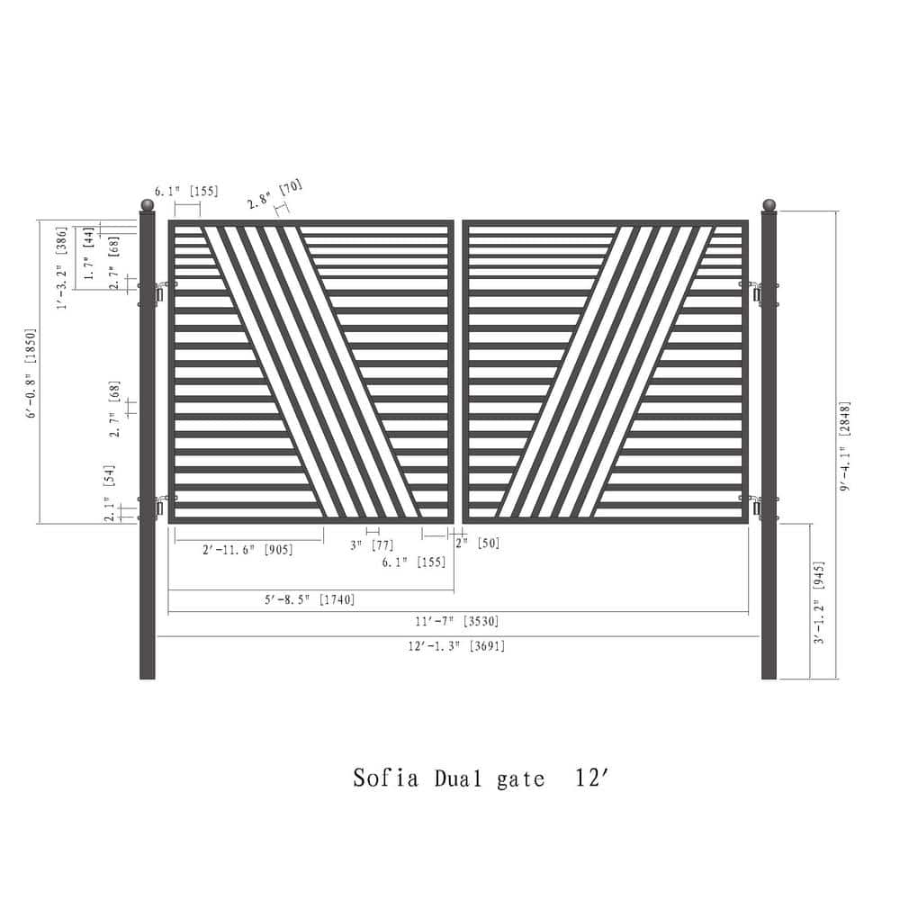 Sofia Modern Black Steel Dual Swing Driveway Gate 12 ft