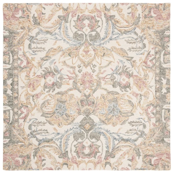 Micro-Loop Ivory/Blue 5 ft. x 5 ft. Floral Geometric Square Area Rug