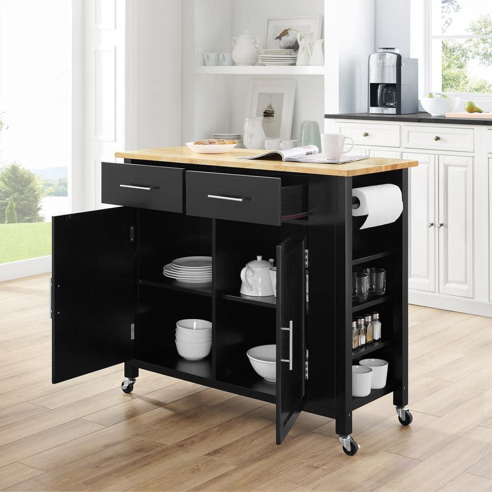 Savannah Transitional Black Wood Kitchen Cart with Spice Rack and Storage