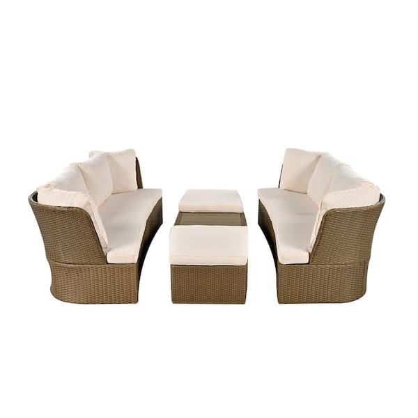 ITOPFOX 5-Pcs. Metal Outdoor Loveseat Sofa with Beige Cushions Outdoor Furniture Sets 2 Loveseat, 2 Ottoman & 1 Table