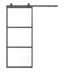 36 in. x 84 in. 3 Lite Tempered Frosted Glass Black Steel Sliding Barn Door with Hardware Kit and Soft Close Mechanism