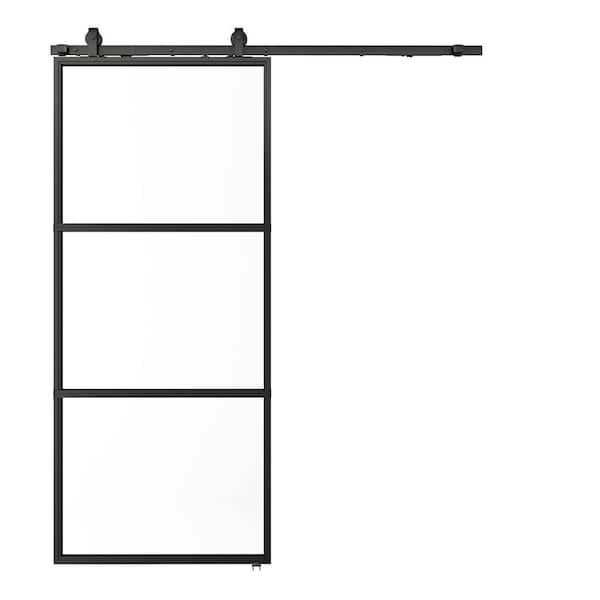 Unbranded 36 in. x 84 in. 3 Lite Tempered Frosted Glass Black Steel Sliding Barn Door with Hardware Kit and Soft Close Mechanism