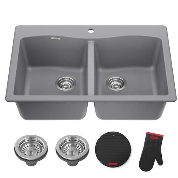KRAUS Forteza 33 in. Drop-In/Undermount 50/50 Double Bowl Grey Granite Composite Kitchen Sink