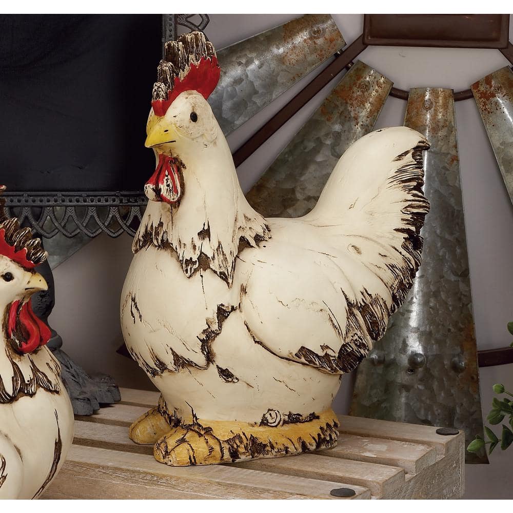 12" Distressed White Polystone Rooster Garden Sculpture