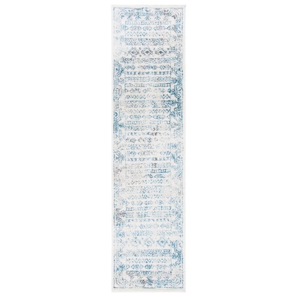 Tulum 2 ft. x 8 ft. Ivory/Teal Border Striped Distressed Runner Rug