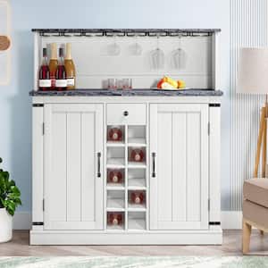 47 in. Cut-Off White Wood Buffet Bar Cabinet with Wine Rack with Granite Pattern Countertop