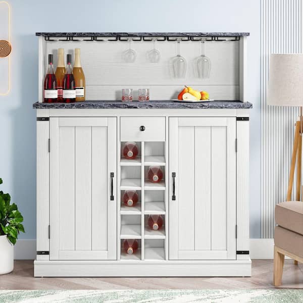 FESTIVO 47 in. Cut-Off White Wood Buffet Bar Cabinet with Wine Rack with Granite Pattern Countertop
