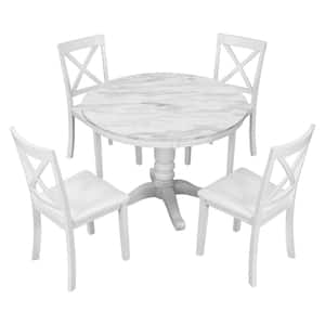 5-Piece White Faux Marble Top Dining Table Set, Solid Wood Round Dining Table with 4 High Back Chairs for 4 Persons