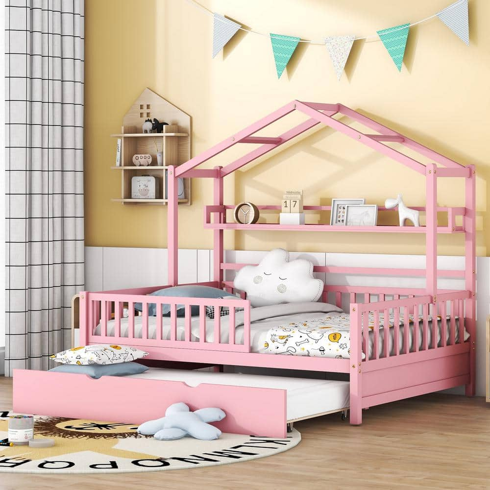 Harper & Bright Designs Pink Full Size Wooden House Bed with Roof ...