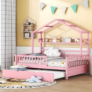 Pink Full Size Wooden House Bed with Roof, Shelves, Fence and Trundle