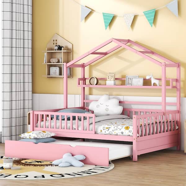 Harper & Bright Designs Pink Full Size Wooden House Bed with Roof, Shelves, Fence and Trundle
