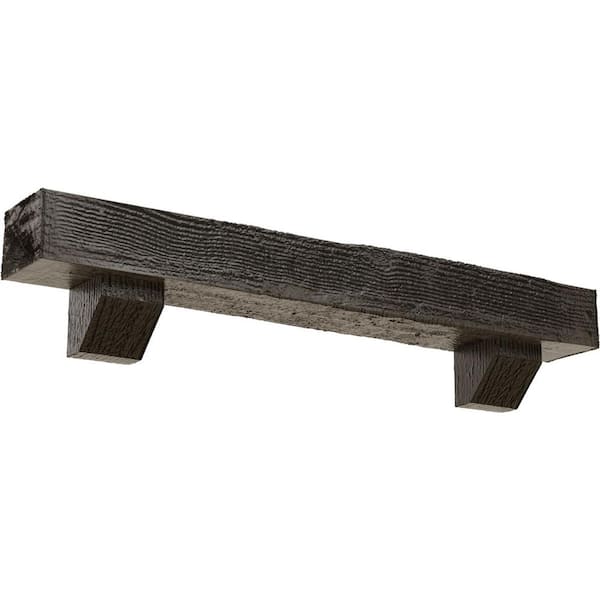 Ekena Millwork 8 in. x 10 in. x 4 ft. Rough Sawn Faux Wood Fireplace Mantel Kit, Ashford Corbels, Burnished Honey Dew