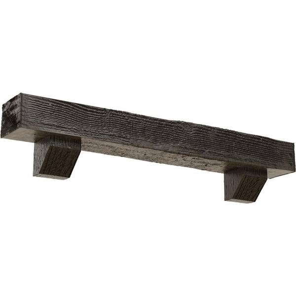 Ekena Millwork 8 in. x 12 in. x 3 ft. Rough Sawn Faux Wood Fireplace Mantel Kit, Ashford Corbels, Burnished Honey Dew