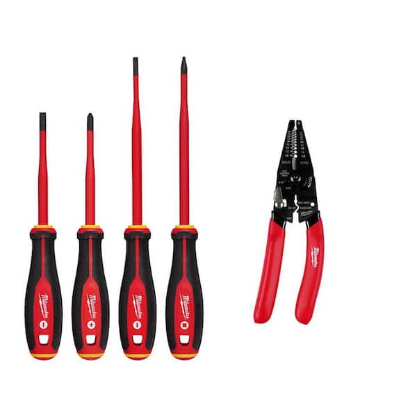 Milwaukee 1000V Insulated Slim Tip Screwdriver Set 10-28 AWG Multi-Purpose Dipped Grip Wire Stripper and Cutter (5-Piece)