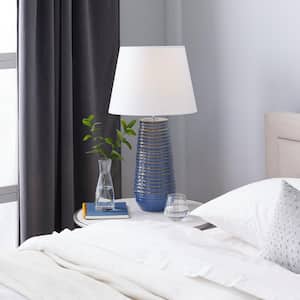 28 in. Blue Ceramic Ribbed Task and Reading Table Lamp with Drum Shade