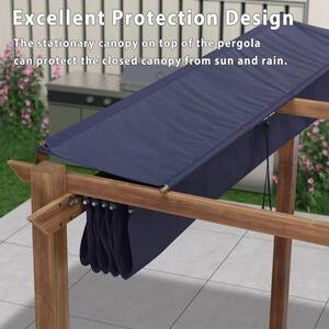 10 ft. x 10 ft. Natural Wood Grain Aluminum Pergola with Navy Blue Retractable Sun Shade Canopy and Extra Top Roof