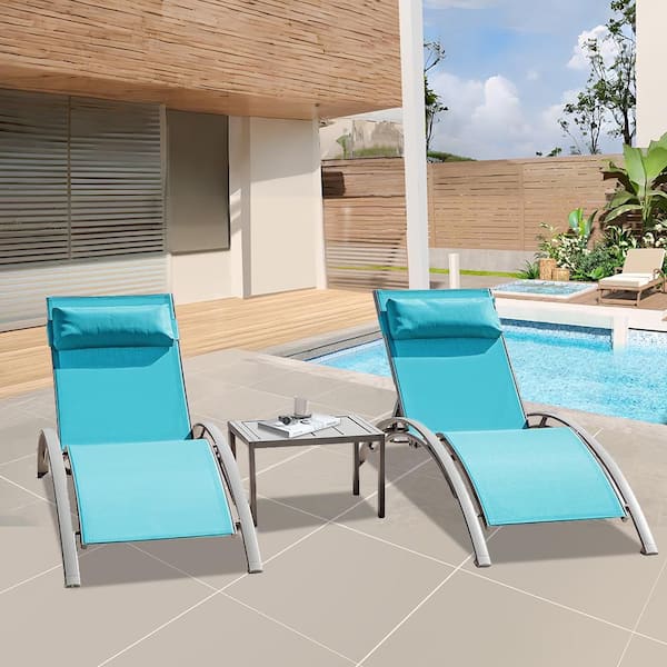 3-Piece Gray Metal Outdoor Chaise Lounge with Lake Blue Seats, Table