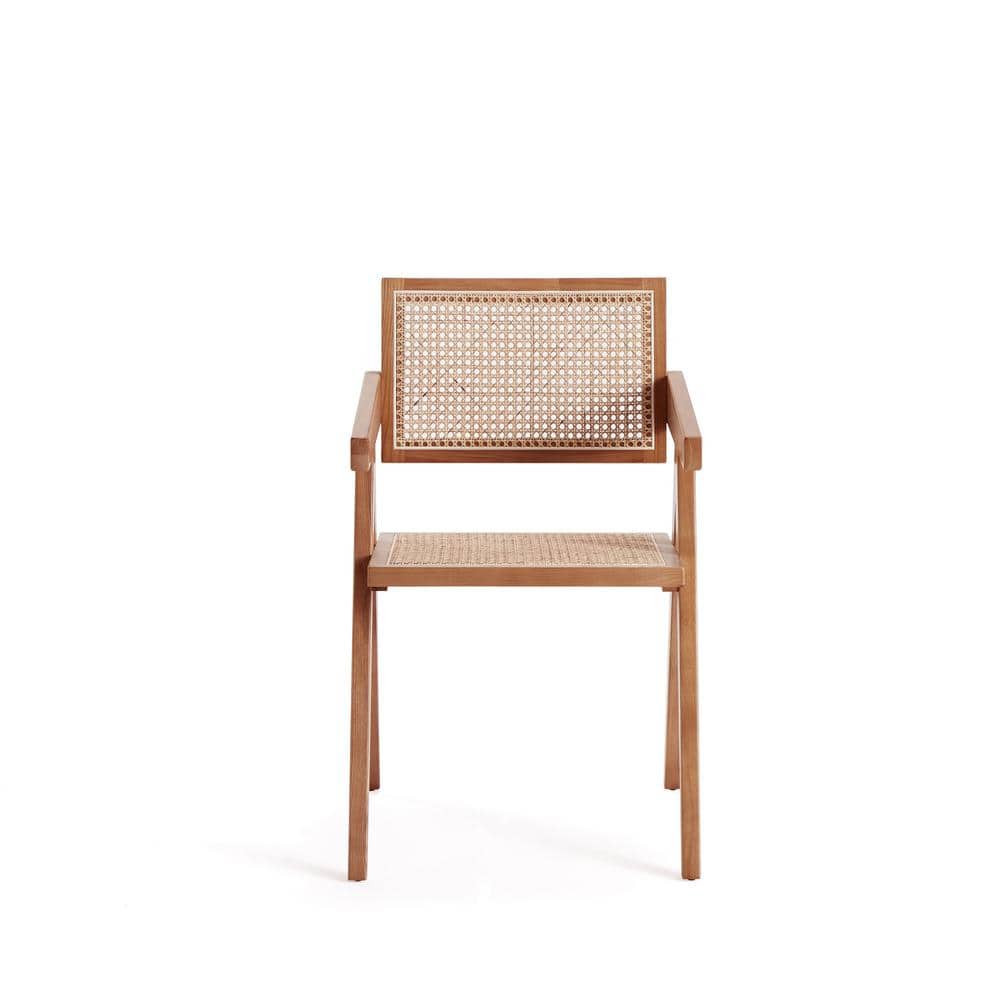 High-Back Natural Cane and Rattan Arm Chair with Ash Wood Base