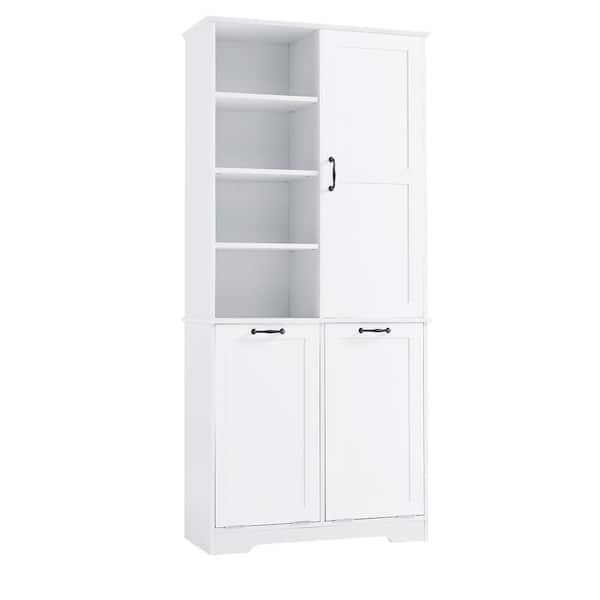 Unbranded 31 in. W x 14 in. D x 68 in. H White Linen Cabinet with Tilt-Out Laundry Hamper, Doors and Drawers