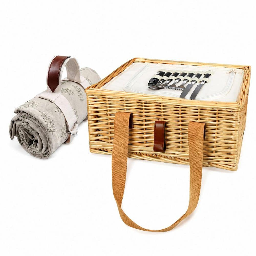 LAIFUCAM Beige Willow Wicker 2-Person Picnic Basket Set with Mini
