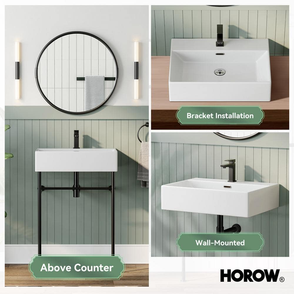 24" White Ceramic Wall-Mount Bathroom Console Sink with Black Legs