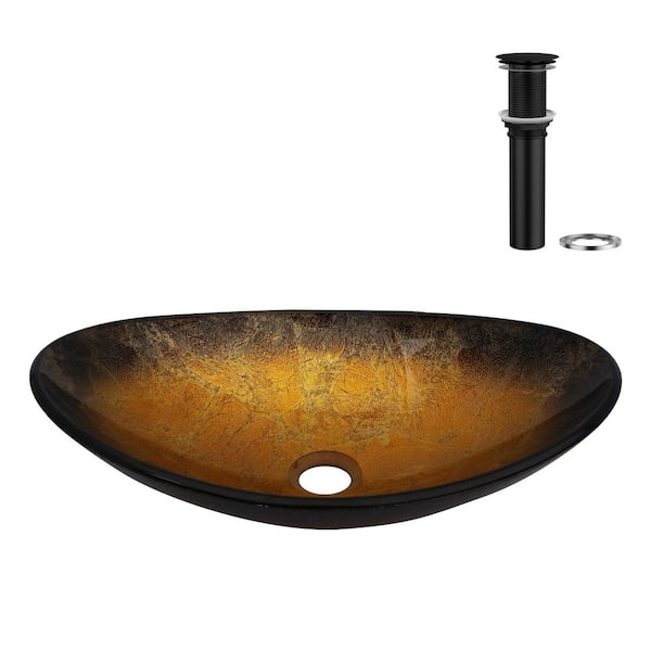 18-1/2 in. Yellow Glass Oval Vessel Bathroom Sink with Black Pop-up Drain