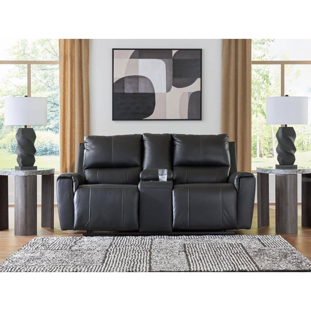 Glassmere 74 in. Solid Leather Match 2 Seat Reclining Loveseat with Console and Cup Holders in Black