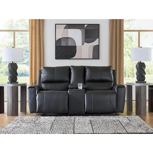 Glassmere 74 in. Solid Leather Match 2 Seat Reclining Loveseat with Console and Cup Holders in Black