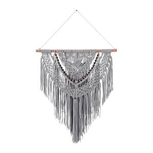 27 in. x  42 in. Cotton Gray Handmade Intricately Weaved Macrame Wall Decor with Beaded Fringe Tassels