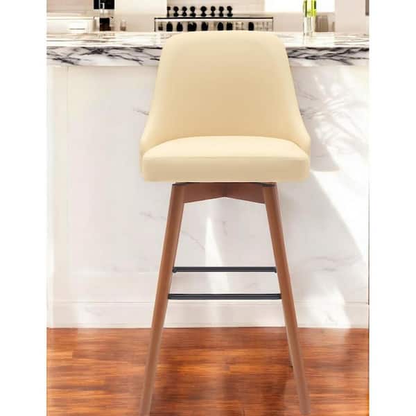 30 in. Cream High Back Wood Bar Stool Faux Leather Seat
