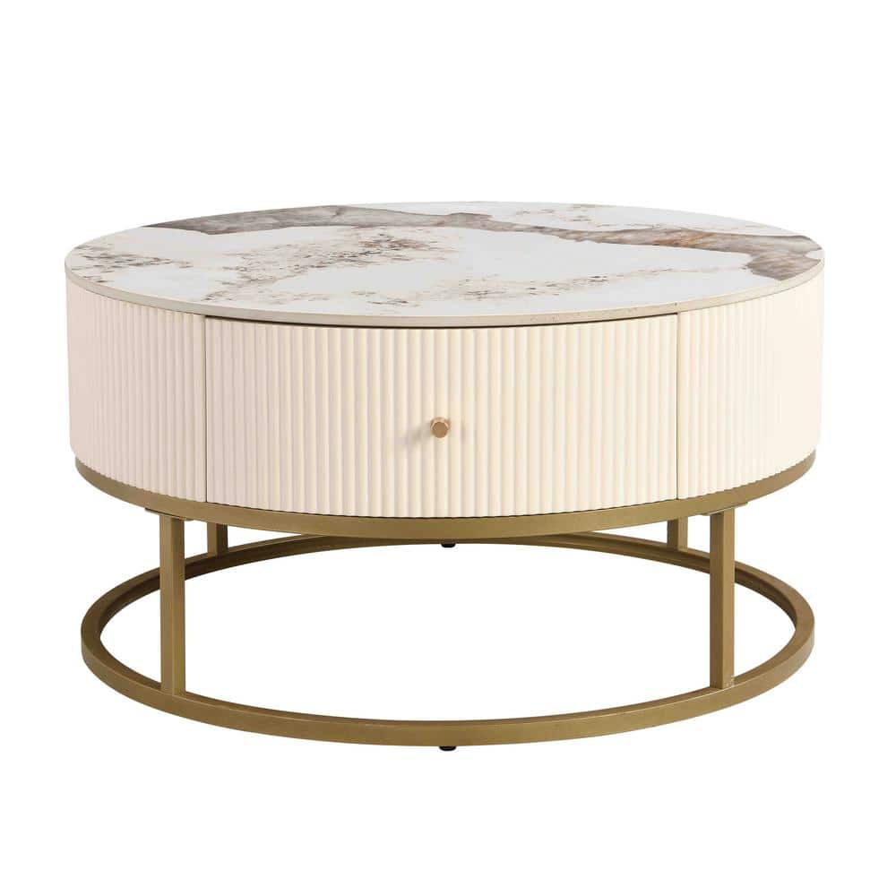 White Iron Outdoor Round Coffee Table with Drawers, Marble Table with Stora