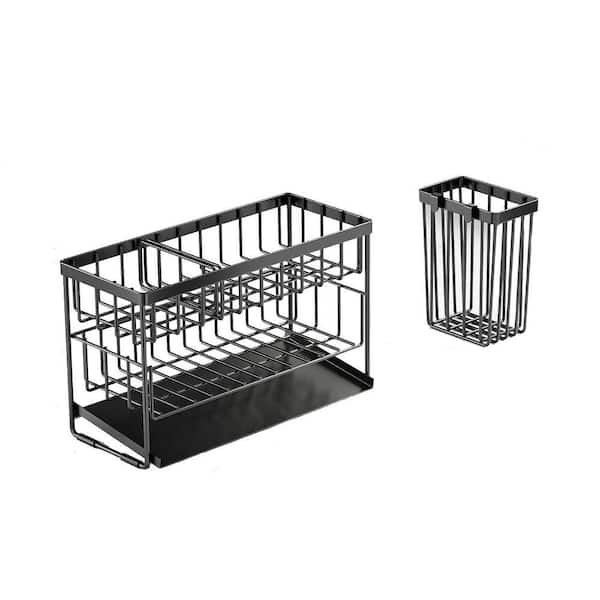Black Stainless Steel Kitchen Sink Caddy Organizer Rack with Flexible Brush Holder Sponge Holder Double Layer Storage