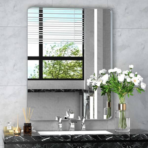 PAIHOME 16 in. W x 24 in. H Small Rectangular Metal Framed Wall Mounted Wall Bathroom Mirrors Bathroom Vanity Mirror in Silver