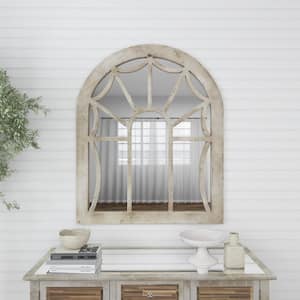 44 in. x 36 in. Window Pane Inspired Arched Framed Cream Wall Mirror with Arched Top
