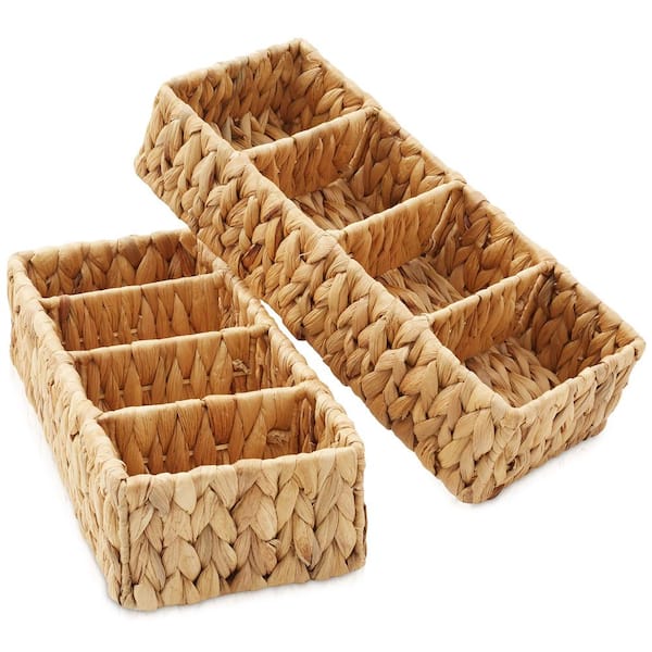 Casafield Brown Natural 14 in. x 6 in. x 3.25 in. H Wicker Woven Hyacinth Decorative Baskets 4-Section Storage Bins Set of 2