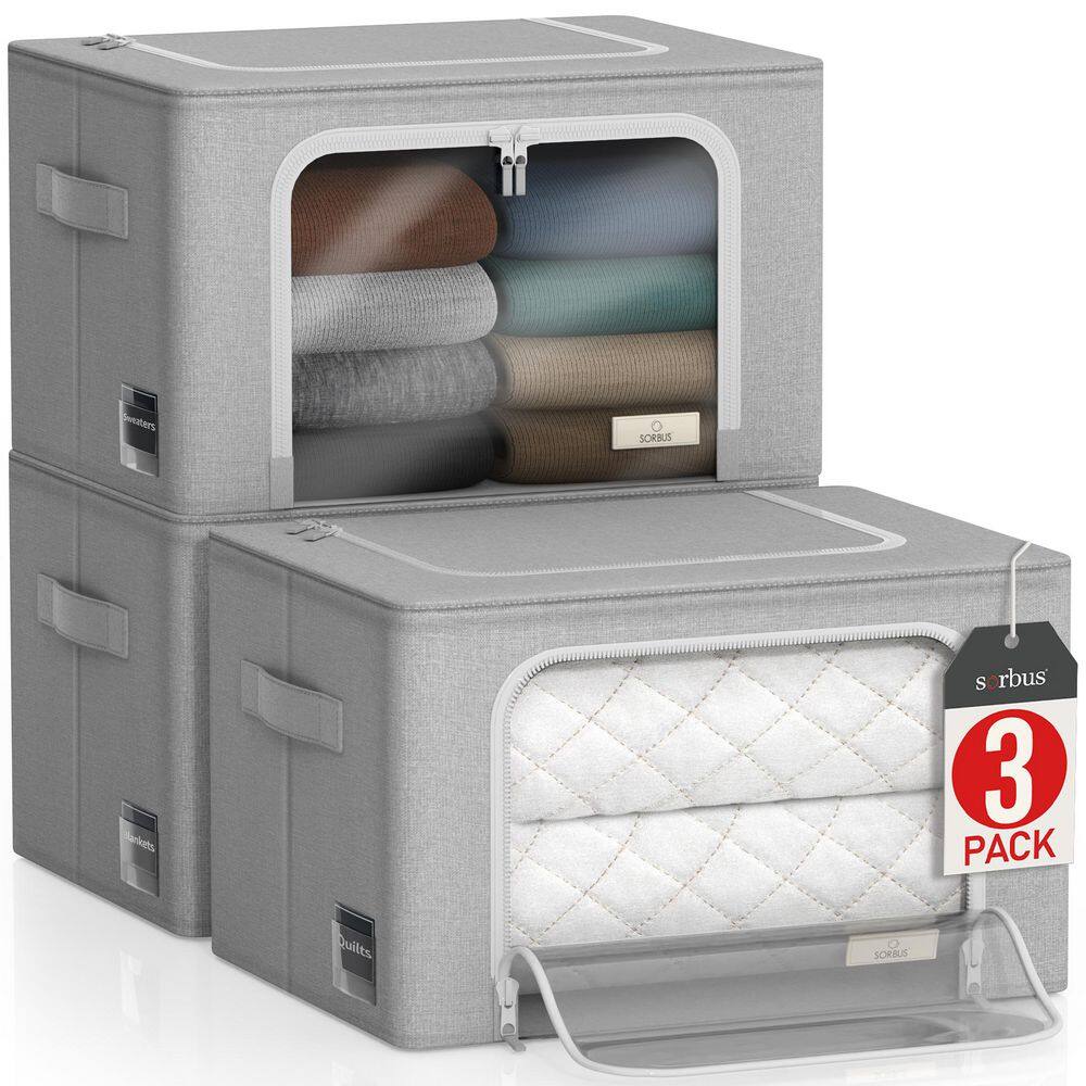 Storage Bins, Stackable & Foldable Clothes Organizer Bags, Gray 17 in. x 13 in. Fabric Decorative Box Set of 3