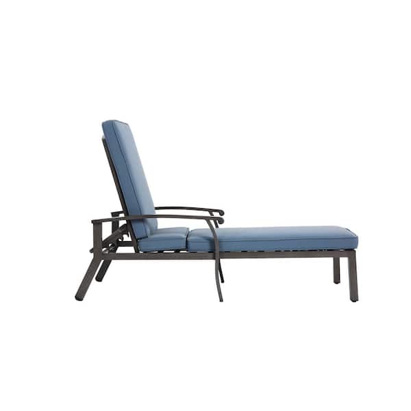 Aluminum Outdoor Lounge Chair with Blue Cushion-Heavy-Duty Poolside Chaise for Patio, Deck, Backyard or Garden